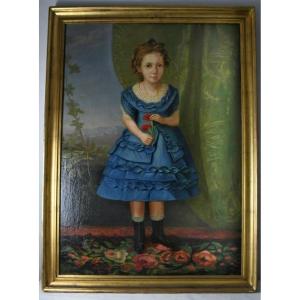 Portrait d'Une Petite Fille En Robe Bleue école Italienne 1880